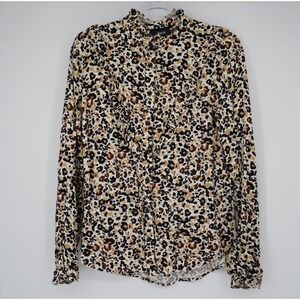 Maeve Anthropologie Leopard Print Ruffle Neck Button Down Blouse Tan Brown US 4